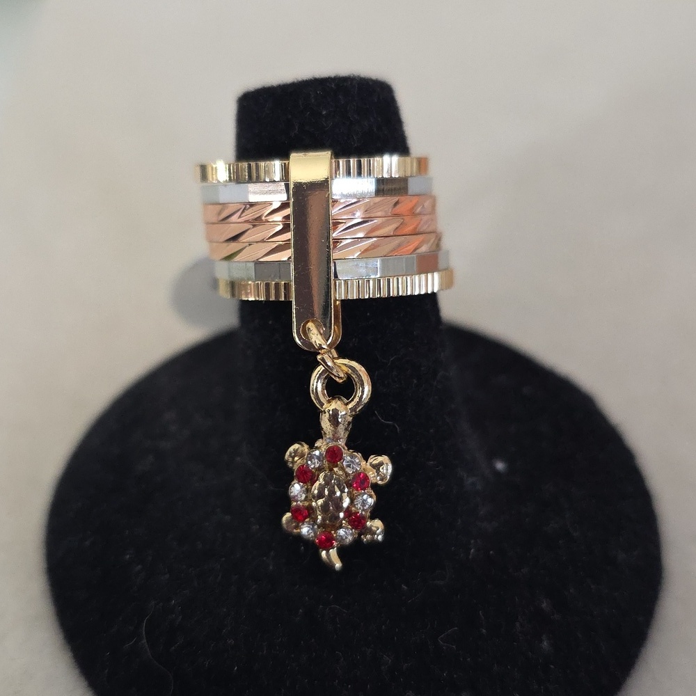 Tricolor Gold Filled Seven Stack Ring with Turtle Charm Size 7 & 8